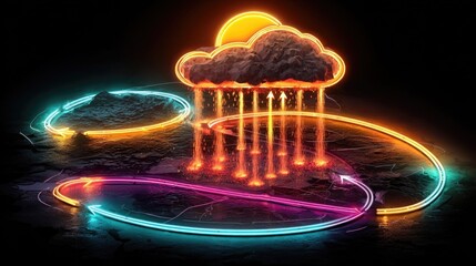 Neon water cycle glowing with evaporation, condensation, precipitation paths, vibrant neon science diagram for educational use or weather visuals