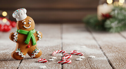 Gingerbread man with chef hat and green scarf on wooden surface with candy canes, suggesting holiday cheer, kitchen themes or festive treat baking