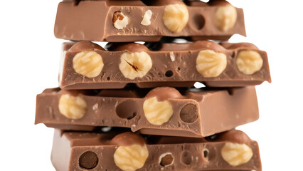 Milk chocolate with hazelnuts isolated PNG, delicious dessert pieces stacked on transparent background for confectionery and sweet treat designs