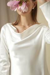 Fashion Studio Portrait of Woman in Elegant White Dress, Luxury Wedding Guest Collection