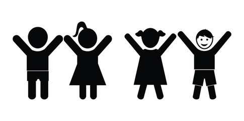 Boy and Girl Children Icons Showing Happy Poses in Flat Silhouette Style. kid icon boy girl Children figures icon in black isolated white background.
