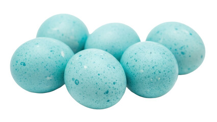 Speckled robin eggs isolated PNG on transparent background, pastel blue candy coated chocolate Easter treats for holiday baking and confectionery