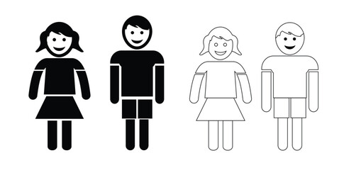 Boy and Girl Children Icons Showing Happy Poses in Flat Silhouette Style. kid icon boy girl Children figures icon in black isolated white background.