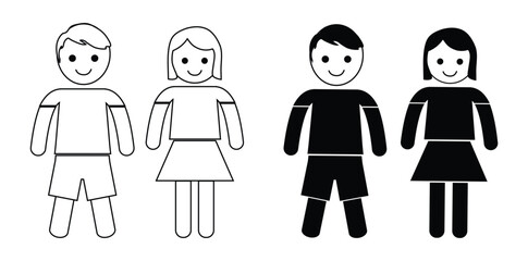 Boy and Girl Children Icon Set in Simple Flat Silhouette Style Isolated on White Background.