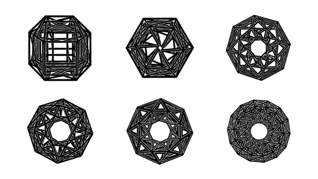 Intricate Geometric Wireframe Structures and Polyhedral Designs Abstract Art