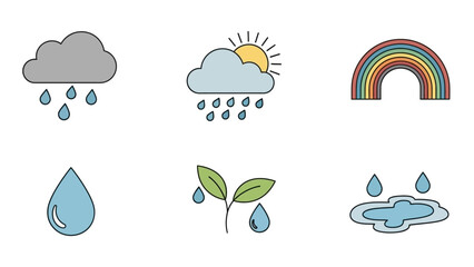 Fototapeta premium Set of simple weather icons representing rain, sunshine, rainbow, water drop, plant and puddle
