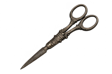 Ornate silver scissors isolated on transparent background with design