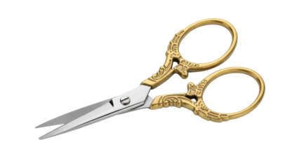 Elegant gold embroidery scissors isolated PNG, vintage style sewing tool for needlework and crafting on transparent background