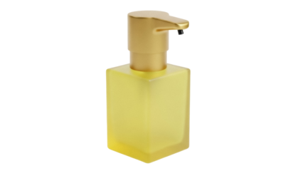 Yellow liquid soap dispenser isolated PNG, modern bathroom accessory for hand washing and personal hygiene on transparent background