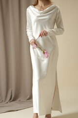 Fashion Studio Portrait of Woman in Elegant White Dress, Luxury Wedding Guest Collection