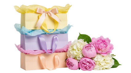 Stack of pastel gift bags with flowers isolated PNG, presents for birthday or special occasion on transparent background