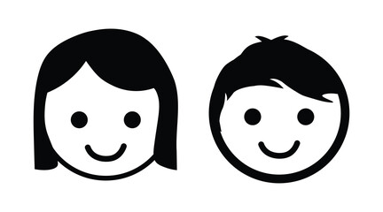 Boy and Girl Children Icon Set in Simple Flat Style.