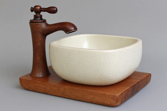 Decorative sink with a wooden faucet and base setup