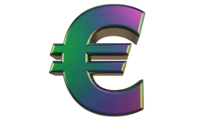 Iridescent euro currency symbol isolated PNG, financial sign with metallic gradient for business and design projects on transparent background