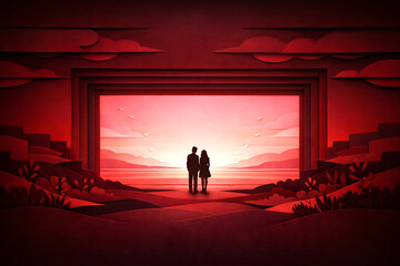 Fototapeta premium Paper-Cut Romantic Gateway – Couple Walking Toward a Shared Love Horizon