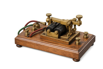 Antique telegraph machine on a transparent background, detail view.