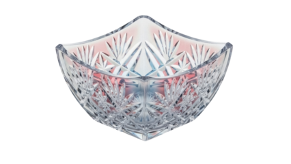 Elegant crystal bowl isolated PNG on transparent background, decorative glassware with intricate cut glass design for serving and home decor