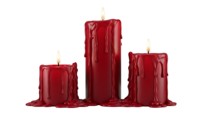 Three red dripping candles with flames on black background