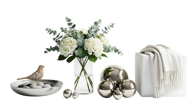 White hydrangeas eucalyptus bird and silver ornaments