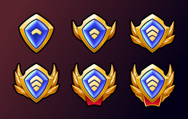 Rank level patent gold badges bundle. Ribbon and wings. High quality illustrations. Perfect for games achievements.