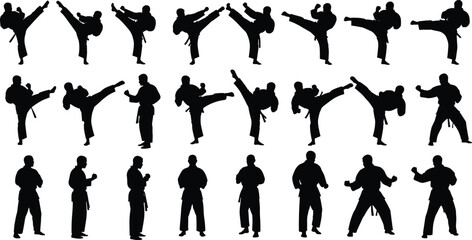 Martial arts kick silhouettes set, karate taekwondo fighters poses collection, combat sports training movements, high kick action figures isolated on white background