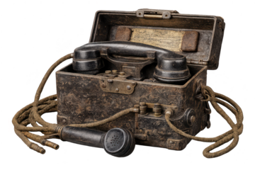 Antique wooden box telephone with transparent background, old device