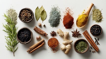 Bird&rsquo;s-eye view of herbs and spices on a plain background, used as cooking ingredients	
