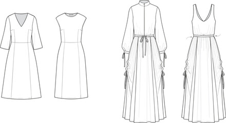 Women dress design collection technical fashion illustration featuring midi and maxi silhouettes with gathered waist and adjustable ties