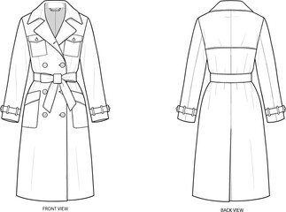 Women classic double-breasted trench coat technical fashion illustration with belt, epaulettes, flap pockets, and back vent