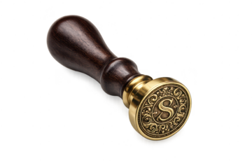 Letter S ornate seal with transparent background, brass and dark wood
