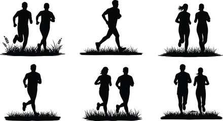 Running people silhouettes set, male and female joggers exercising outdoors, fitness training, marathon practice, healthy lifestyle concept, isolated black figures on white background vector