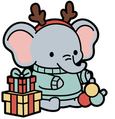 Cute elephant Holding Christmas Gifts, Winter Cartoon Clip Art Illustration