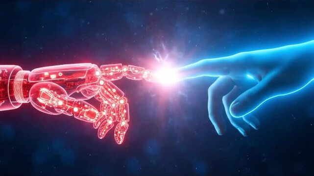 Two hands, robotic and human, extend toward each other with a burst of energy. Symbolizing connection, creation, technology, future, evolution, and innovation.