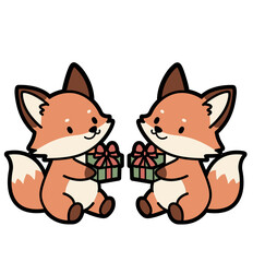 Two Cute Foxes Exchanging Christmas Gifts, Winter Cartoon Clip Art