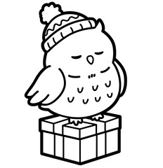 Cute Owl Wearing Winter Hat Sitting on Gift, Christmas Cartoon Clip Art