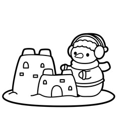 Snowman Building Snow Castle, Winter Christmas Line Art Illustration