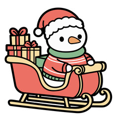 Cute snowmen Pulling Christmas Sleigh with Gifts, Winter Cartoon Clip Art