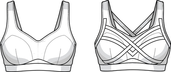 Women’s supportive bralette technical fashion illustration with molded cups and crisscross front straps, front views