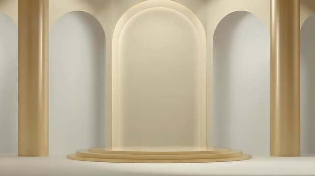 Sleek golden podium with arches and columns in a minimalist style on a neutral beige background, concept of luxury product presentation