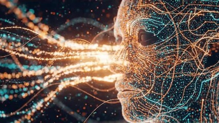 Abstract heads made of glowing lines and dots, merging into one another. It represents artificial intelligence, digital identity, connected network, future technology - Powered by Adobe