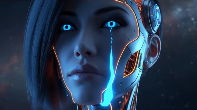 Futuristic female robot with visible circuits and glowing eyes, sheds a digital tear, representing android, artificial intelligence, synthetic emotion, cyborg