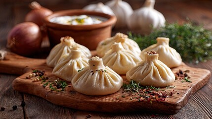 Top view of delicious Georgian khinkali on a wooden kitchen board