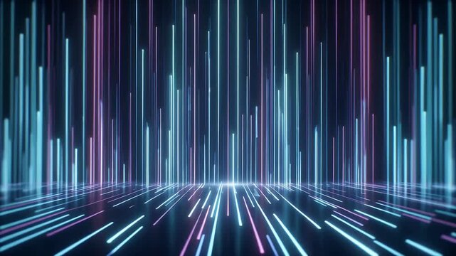 A digital landscape of glowing neon lines in blue and pink against a dark background.