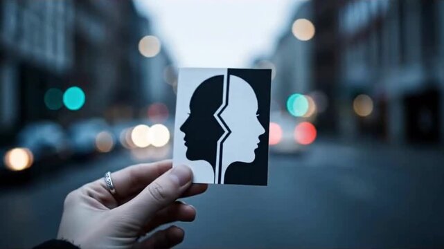 Hand holding paper with black and white human face profile, split by a crack, over urban scene, representing duality, identity, contrast, fracture, split
