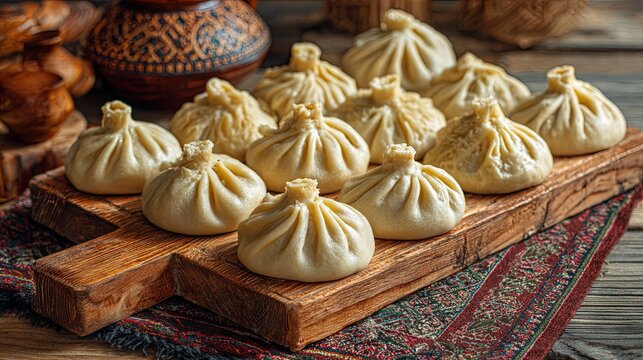 Top view of delicious Georgian khinkali on a wooden kitchen board	