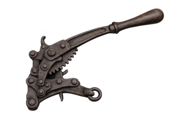 Antique chain wrench, industrial tool on transparent background image.