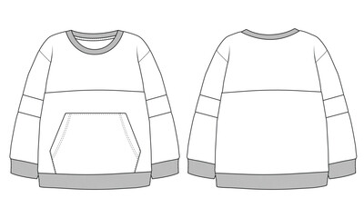 Kids Crew Neck Sweatshirt Pocket t shirt Technical Flat Vector Design Set
