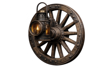 Antique wheel and oil lantern on transparent background, vintage look