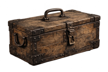Antique wooden trunk with metal hardware on transparent background