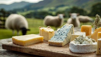 Delicious sheep cheese on a background of sheep on a green field